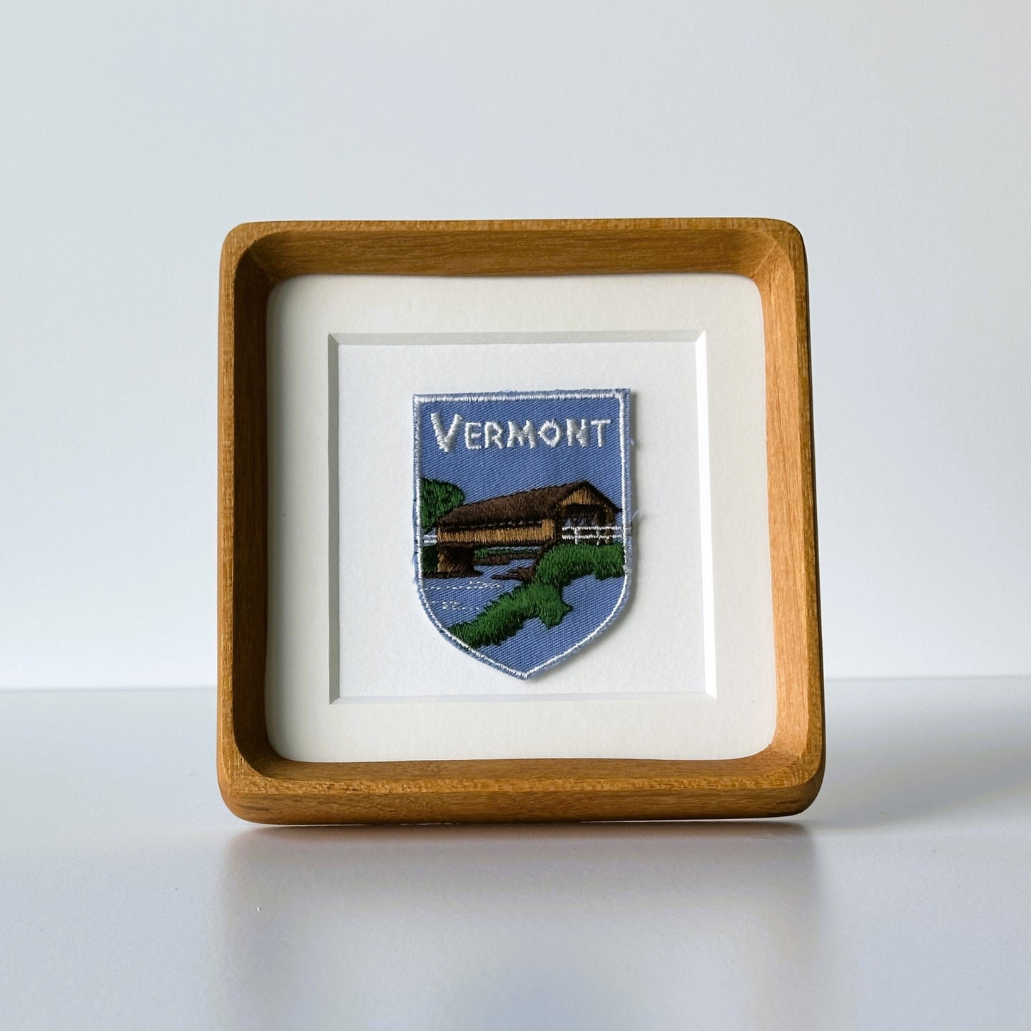 Vermont Covered Bridge Pale Blue Sky Vintage Framed Travel Patch