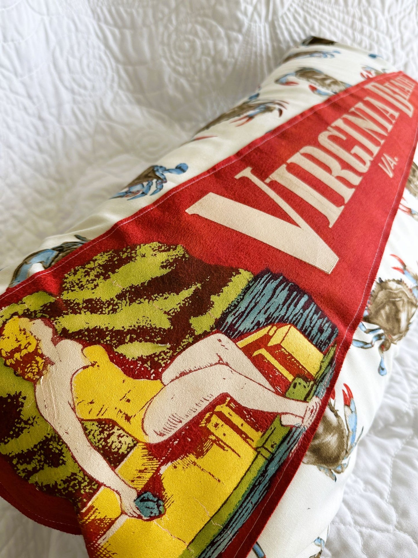 Virginia Beach Vintage Large Red Pennant on New Woven Coastal Crabs Fabric Throw Pillow