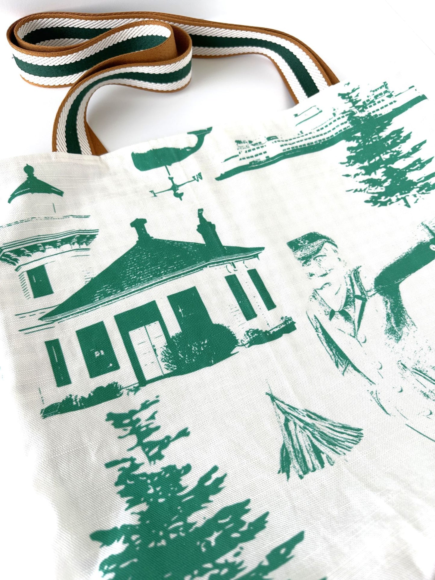 Washington State Old Salt Lighthouse Design Linen Tote Bag with Green & White Striped Straps