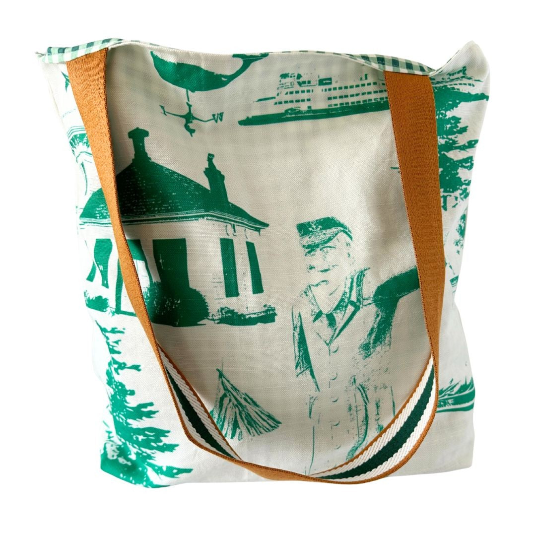 Washington State Old Salt Lighthouse Design Linen Tote Bag with Green & White Striped Straps