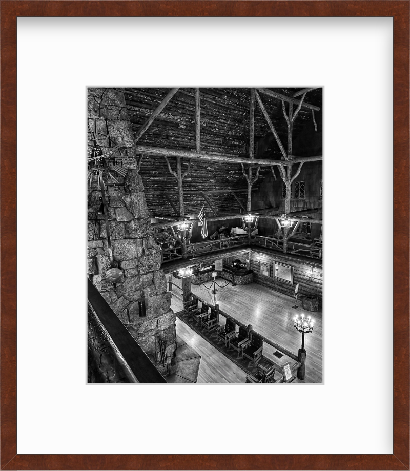 Wyoming Yellowstone National Park Old Faithful Inn Lobby Fireplace Black and White Giclee Print