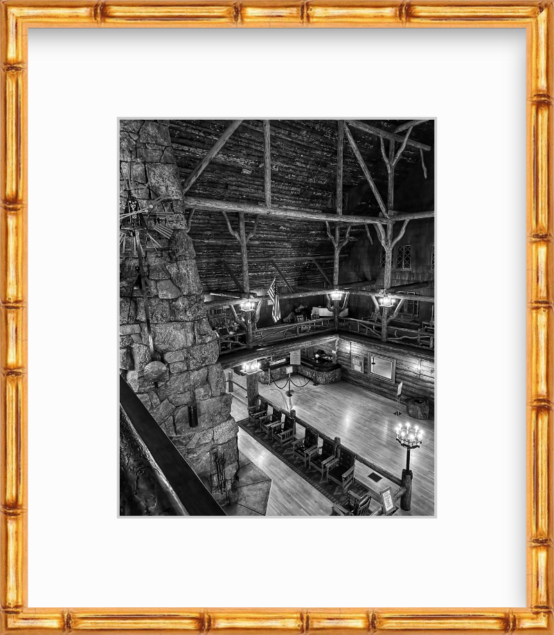 Wyoming Yellowstone National Park Old Faithful Inn Lobby Fireplace Black and White Giclee Print