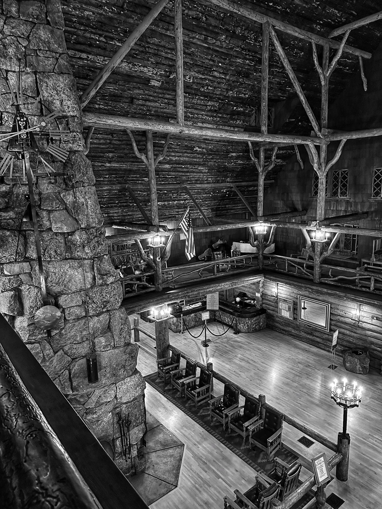 Wyoming Yellowstone National Park Old Faithful Inn Lobby Fireplace Black and White Giclee Print