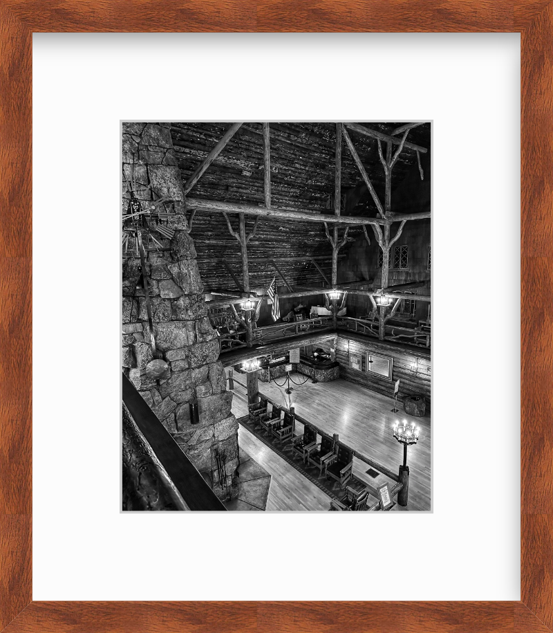 Wyoming Yellowstone National Park Old Faithful Inn Lobby Fireplace Black and White Giclee Print