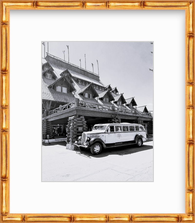 Wyoming Yellowstone National Park Old Faithful Inn Old Touring Car Black and White Giclee Print