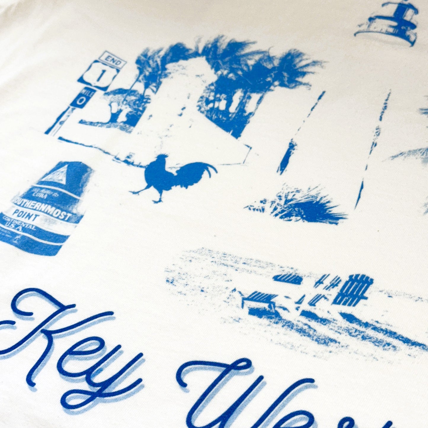 Florida Key West Lighthouse and Southernmost Point Adult Unisex T-Shirt White & Blue Toile
