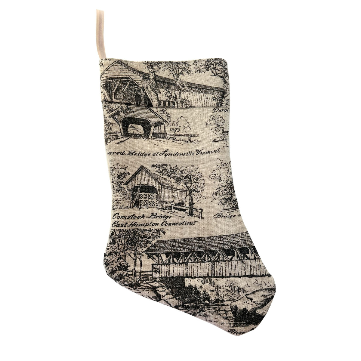 America New England Covered Bridges Vintage Hand Printed Linen Freshly Sewn Stocking