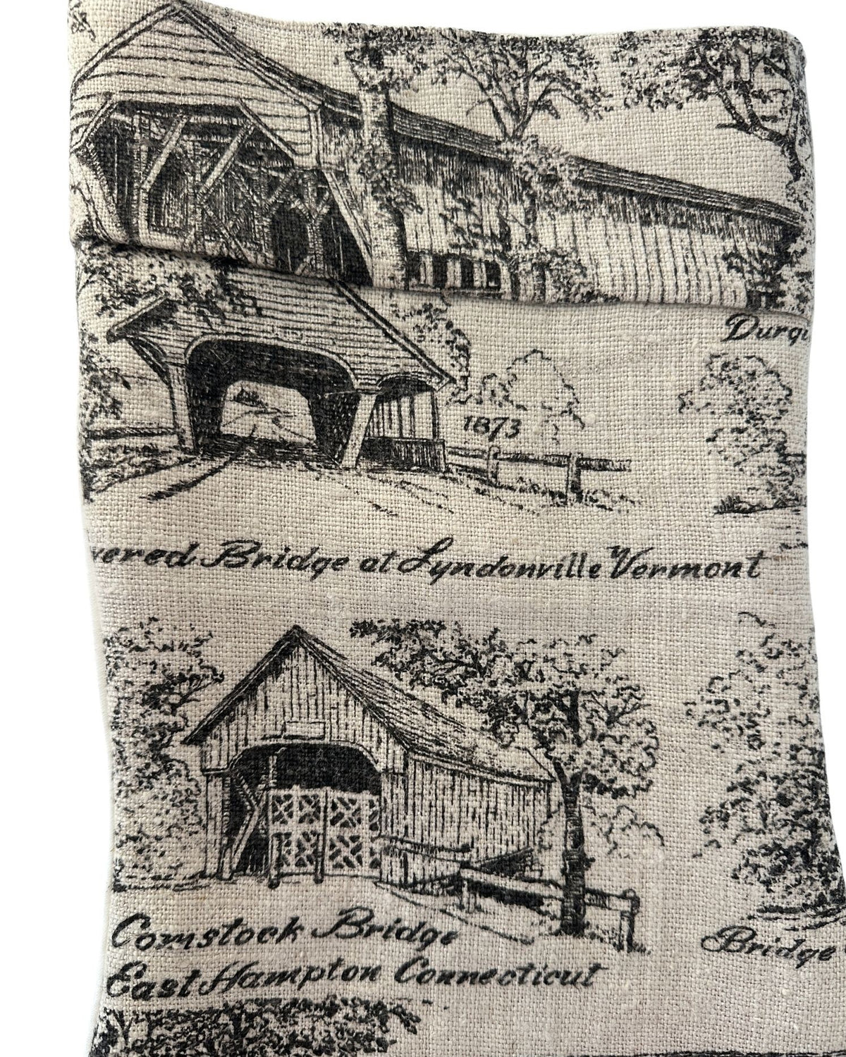 America New England Covered Bridges Vintage Hand Printed Linen Freshly Sewn Stocking