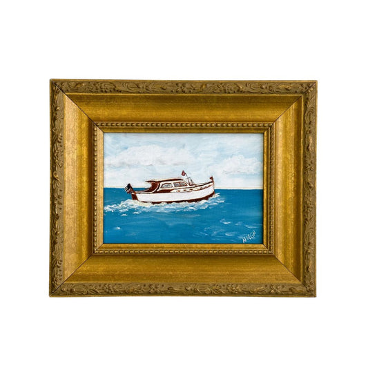 American Boat Cruiser Original Painting by Nikki Degn Vintage Framed
