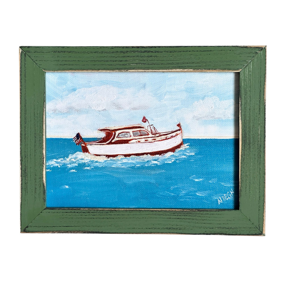 American Boat Cruiser Original Painting on Canvas by Nikki Degn Wood Framed