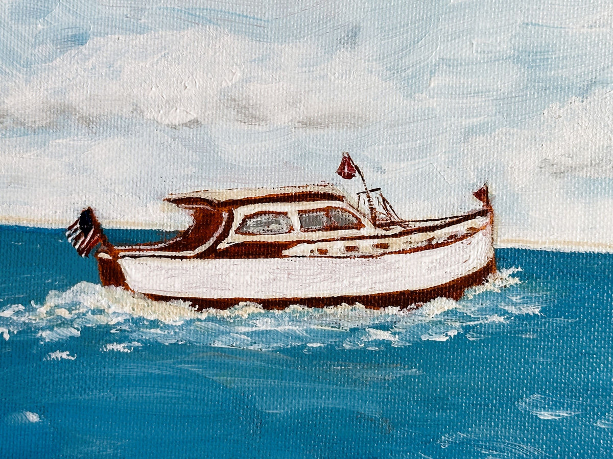 American Boat Cruiser Original Painting on Canvas by Nikki Degn Wood Framed
