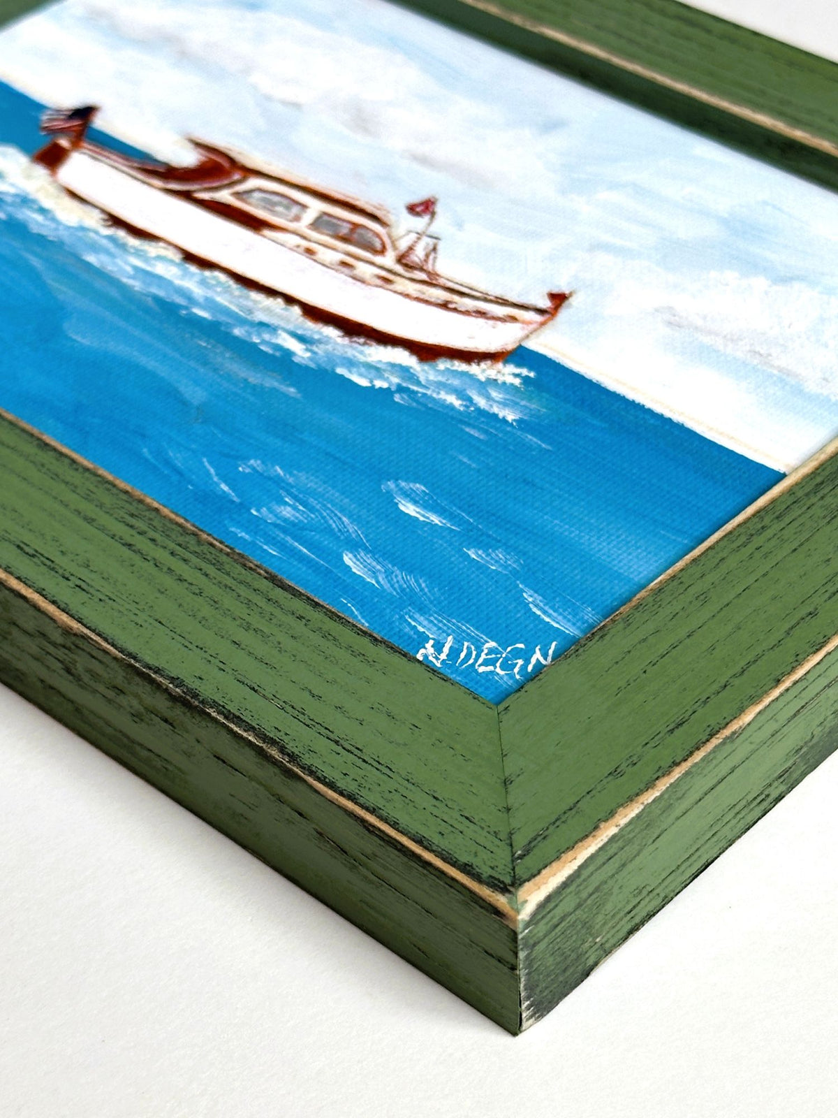 American Boat Cruiser Original Painting on Canvas by Nikki Degn Wood Framed