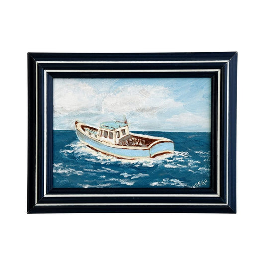 American Boat Fishing Original Painting by Nikki Degn Vintage Framed