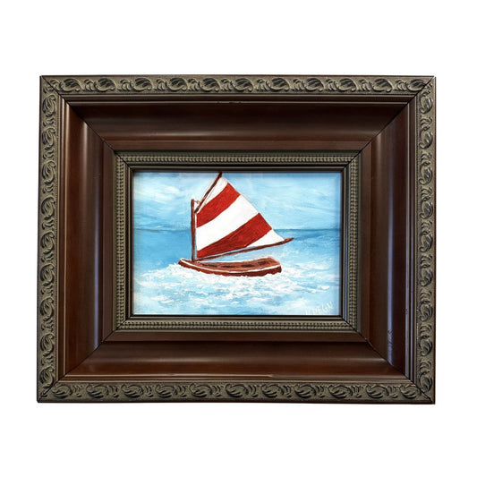 American Boat Sailing Dinghy Red and White Wide Striped Sail Original Painting by Nikki Degn Vintage Framed