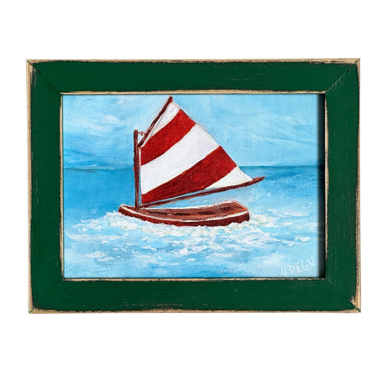 American Boat Sailing Dinghy Red and White Wide Striped Sail Original Painting on Canvas by Nikki Degn Wood Framed
