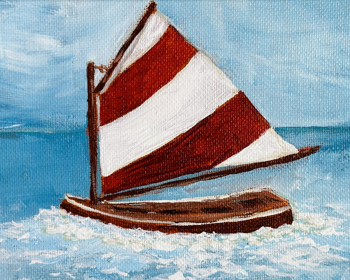 American Boat Sailing Dinghy Red and White Wide Striped Sail Original Painting on Canvas by Nikki Degn Wood Framed