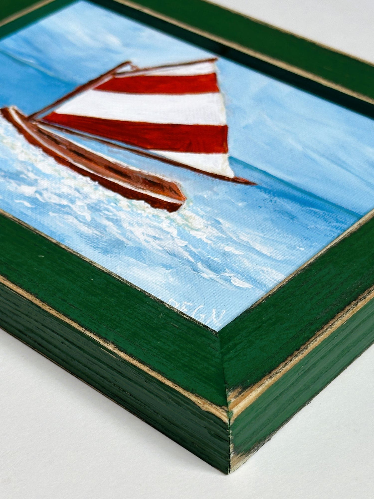 American Boat Sailing Dinghy Red and White Wide Striped Sail Original Painting on Canvas by Nikki Degn Wood Framed