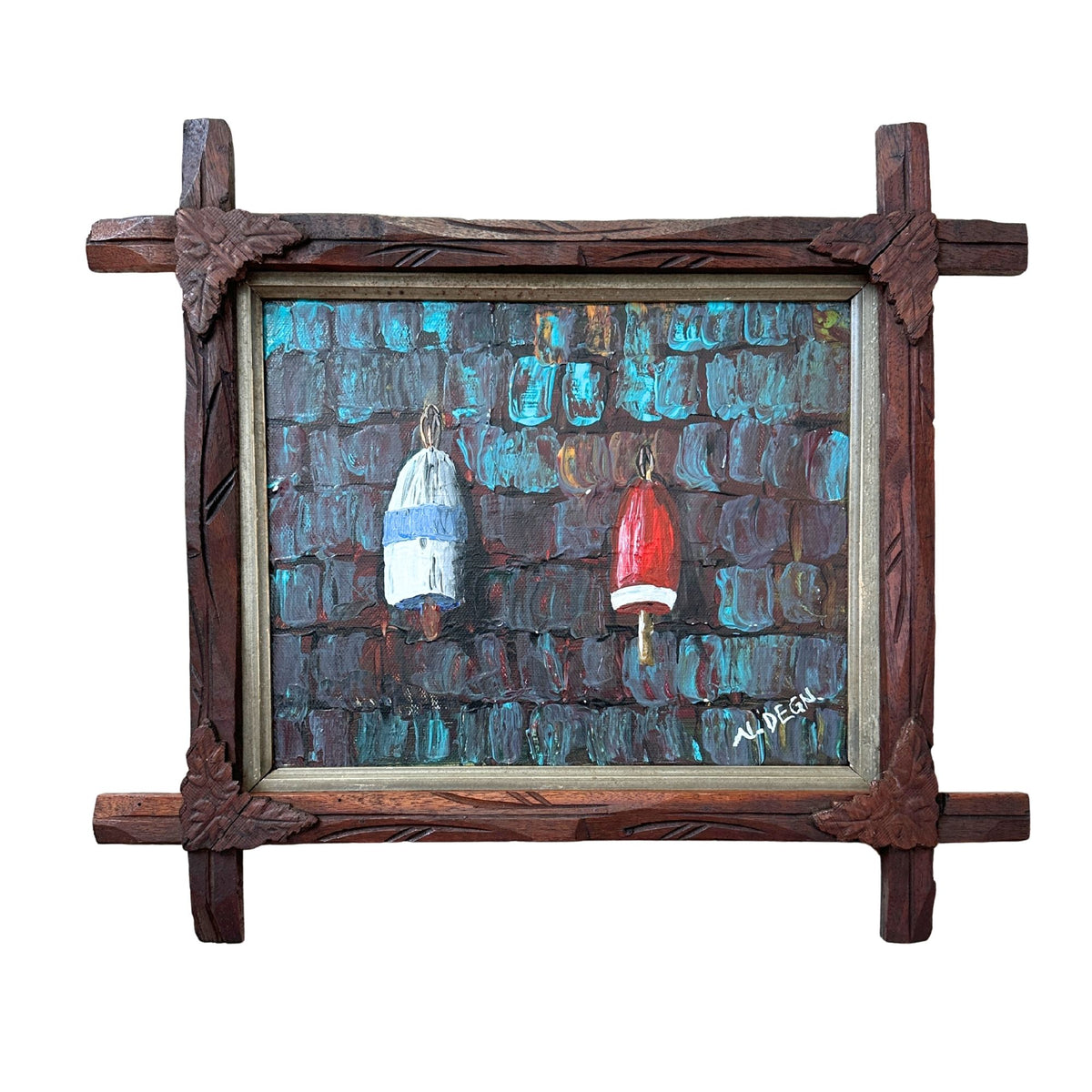 American Nautical Buoys Original Painting on Canvas in ANTIQUE ADIRONDACK Tramp Frame with Wood Leaf Corners