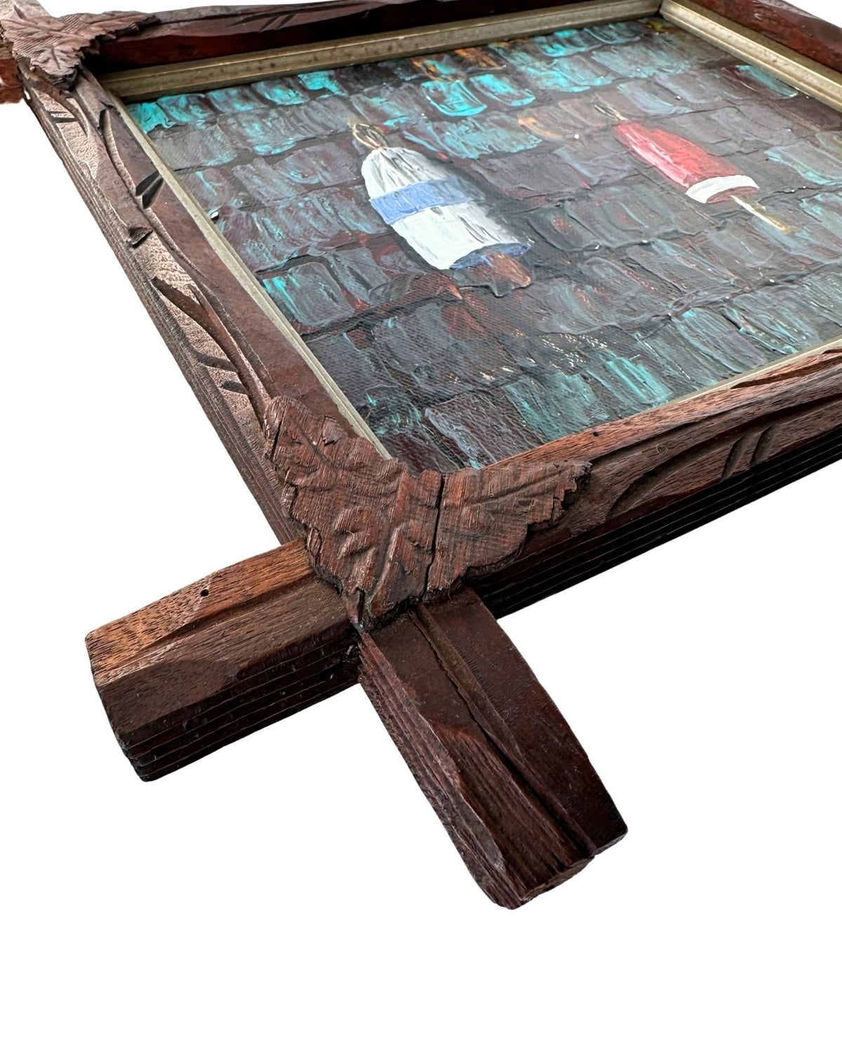 American Nautical Buoys Original Painting on Canvas in ANTIQUE ADIRONDACK Tramp Frame with Wood Leaf Corners