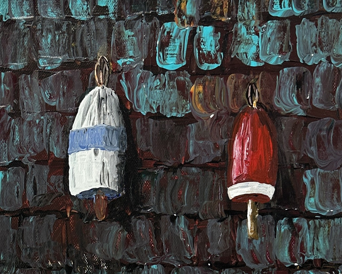American Nautical Buoys Original Painting on Canvas in ANTIQUE ADIRONDACK Tramp Frame with Wood Leaf Corners