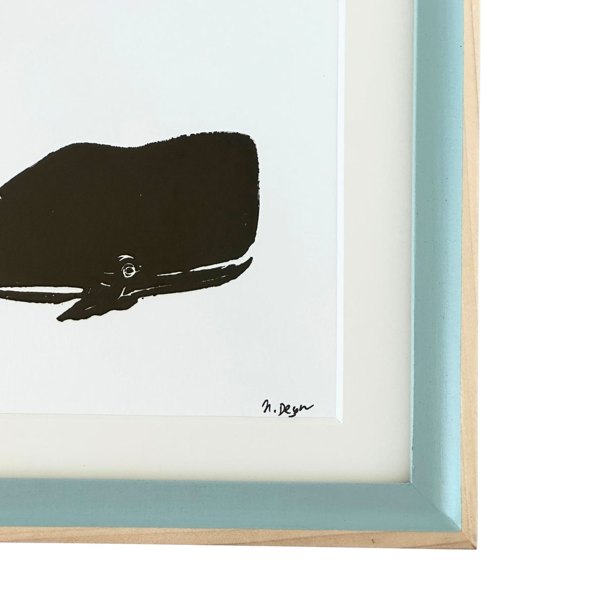 American Classic Nautical Whale Block Print Original Hand Printed in Oil Paints in Solid Wood Poplar Frame with Blue Wash Details, Wood Backed