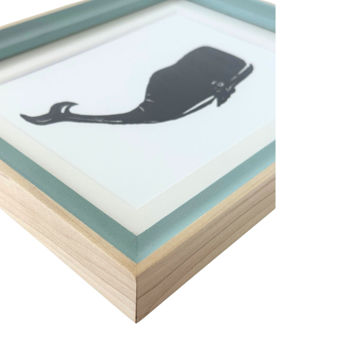 American Classic Nautical Whale Block Print Original Hand Printed in Oil Paints in Solid Wood Poplar Frame with Blue Wash Details, Wood Backed
