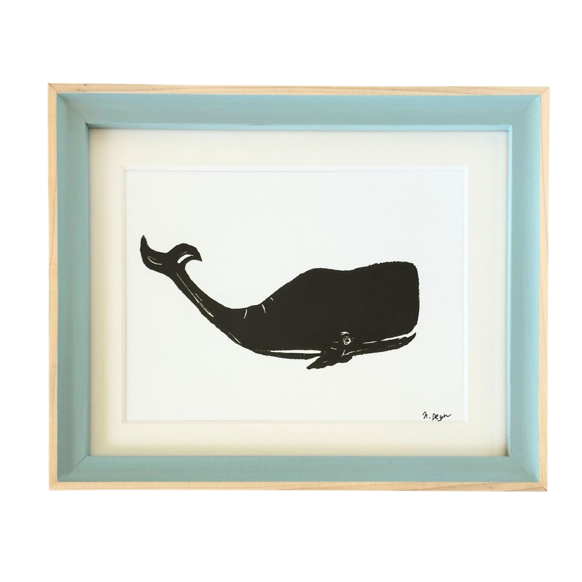 American Classic Nautical Whale Block Print Original Hand Printed in Oil Paints in Solid Wood Poplar Frame with Blue Wash Details, Wood Backed