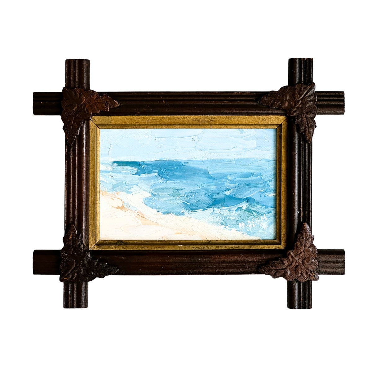 American Coastal Painting in Antique Adirondack Tramp Frame with Wood Leaf Corners
