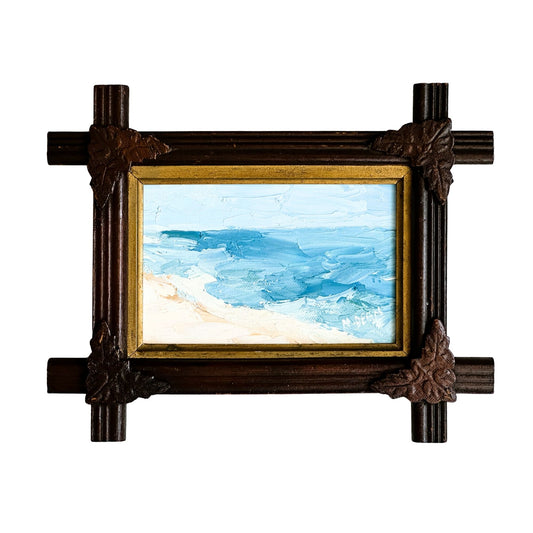 American Coastal Painting in Antique Adirondack Tramp Frame with Wood Leaf Corners