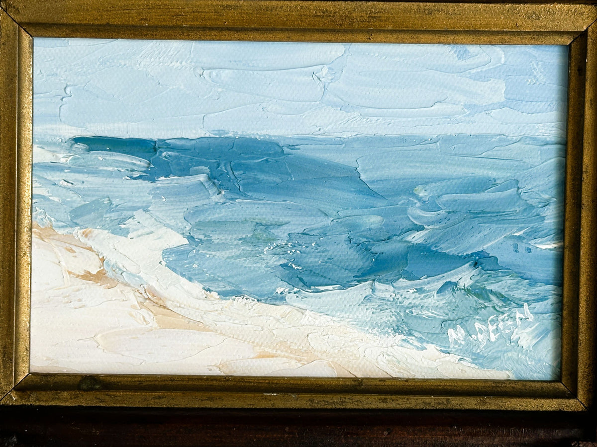 American Coastal Painting in Antique Adirondack Tramp Frame with Wood Leaf Corners