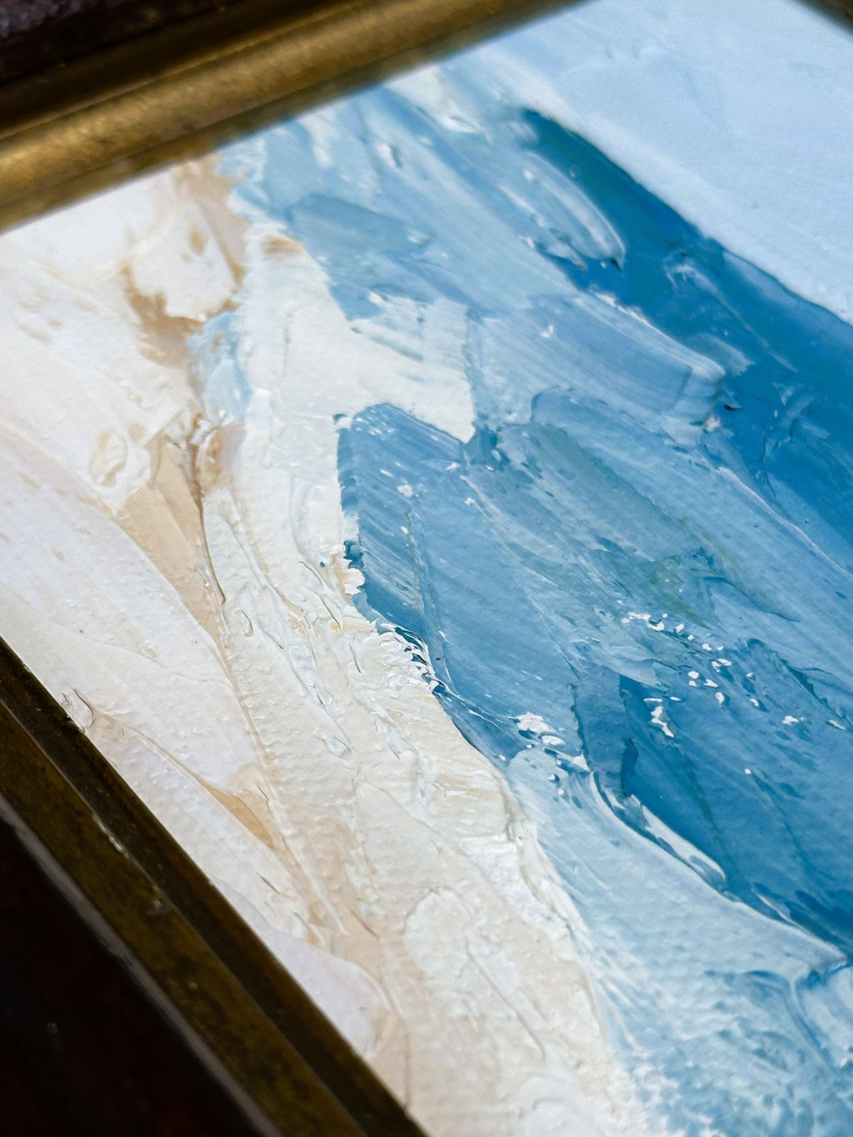 American Coastal Painting in Antique Adirondack Tramp Frame with Wood Leaf Corners