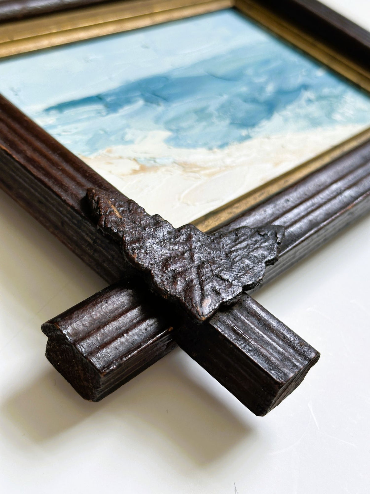 American Coastal Painting in Antique Adirondack Tramp Frame with Wood Leaf Corners