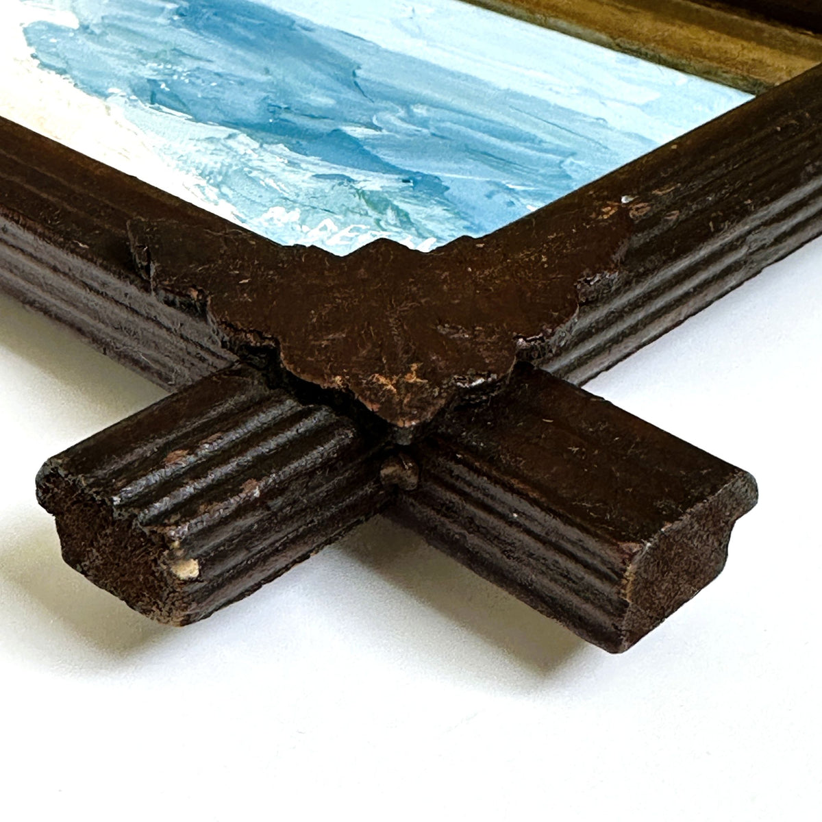 American Coastal Painting in Antique Adirondack Tramp Frame with Wood Leaf Corners