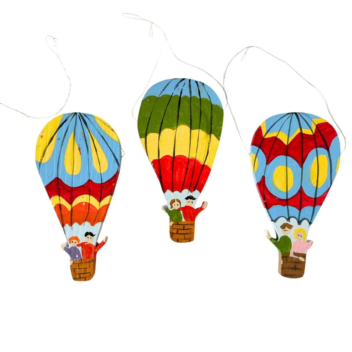American Vintage Country Wooden Hot Air Balloons Folk Art Hand Painted Ornaments Set of 3