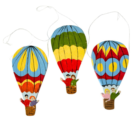 American Vintage Country Wooden Hot Air Balloons Folk Art Hand Painted Ornaments Set of 3