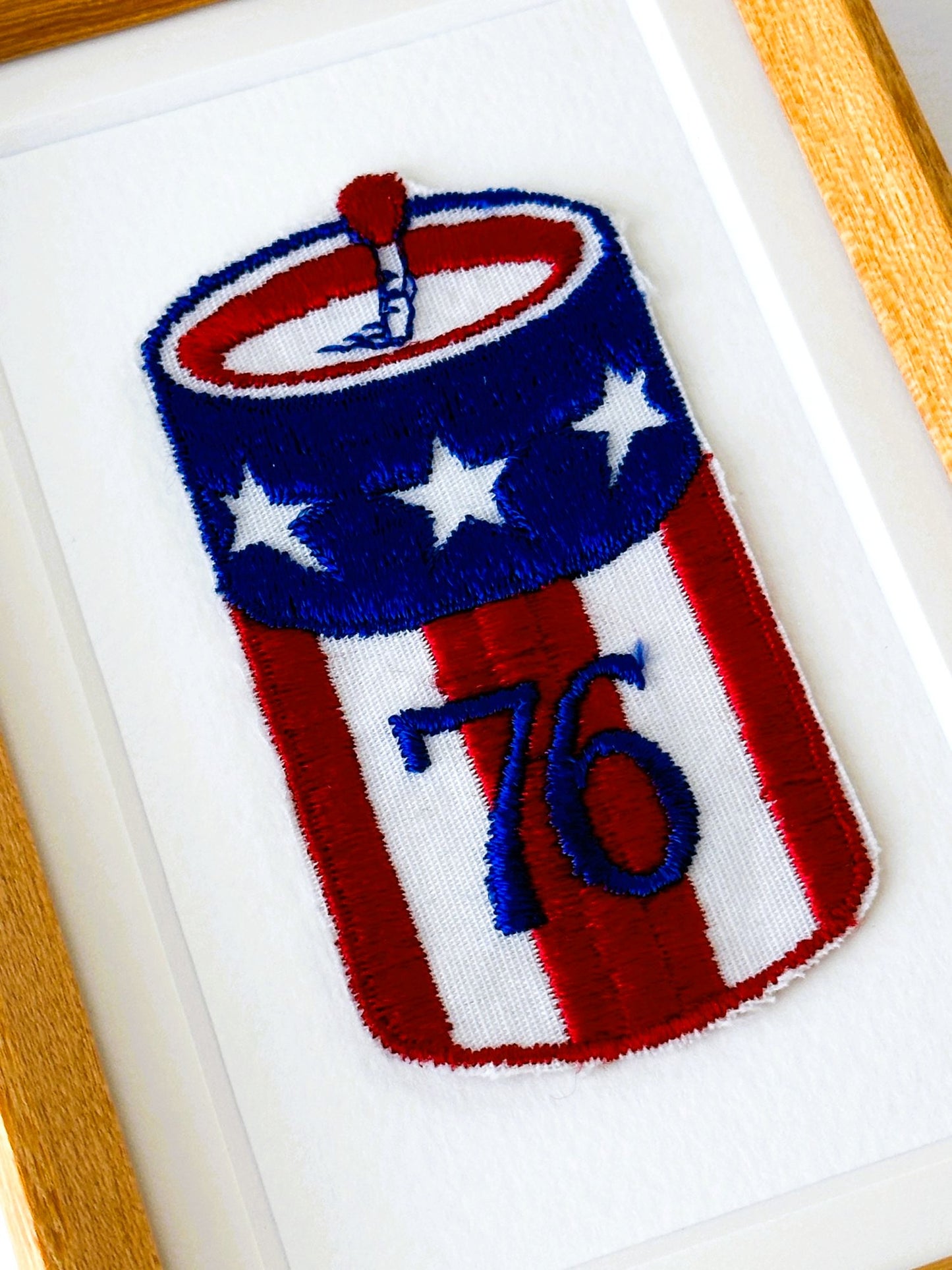 American Firework Stars and Stripes Red White and Blue Vintage Patch Wood Framed