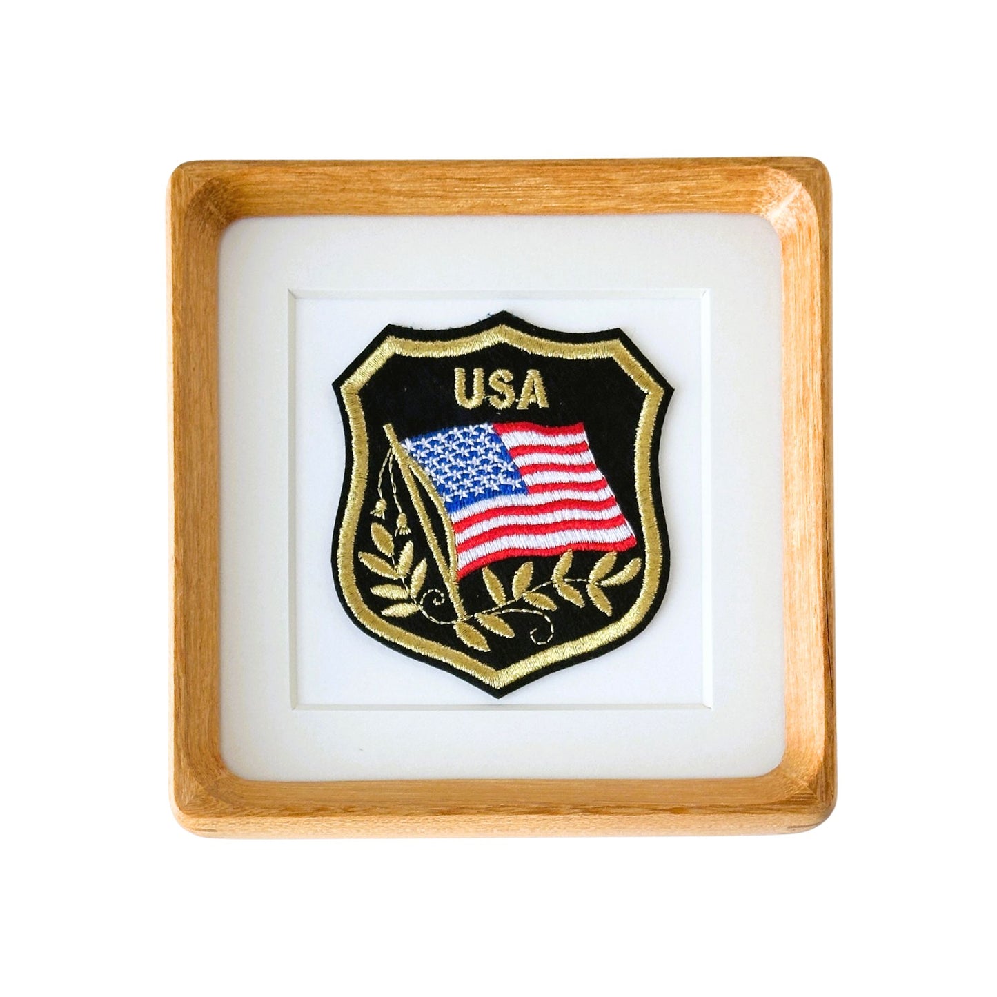 American Flag USA Gold Trimmed Banner Vintage Patch Wood Framed