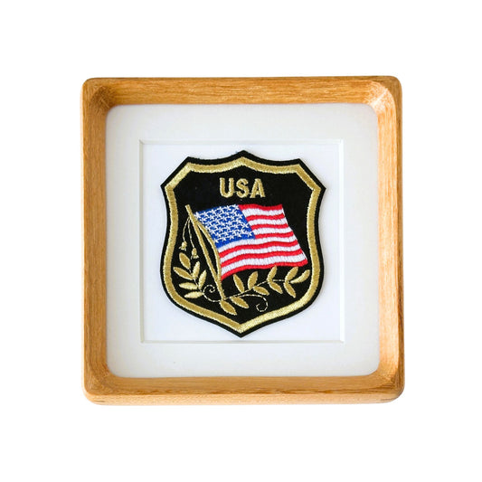 American Flag USA Gold Trimmed Banner Vintage Patch Wood Framed