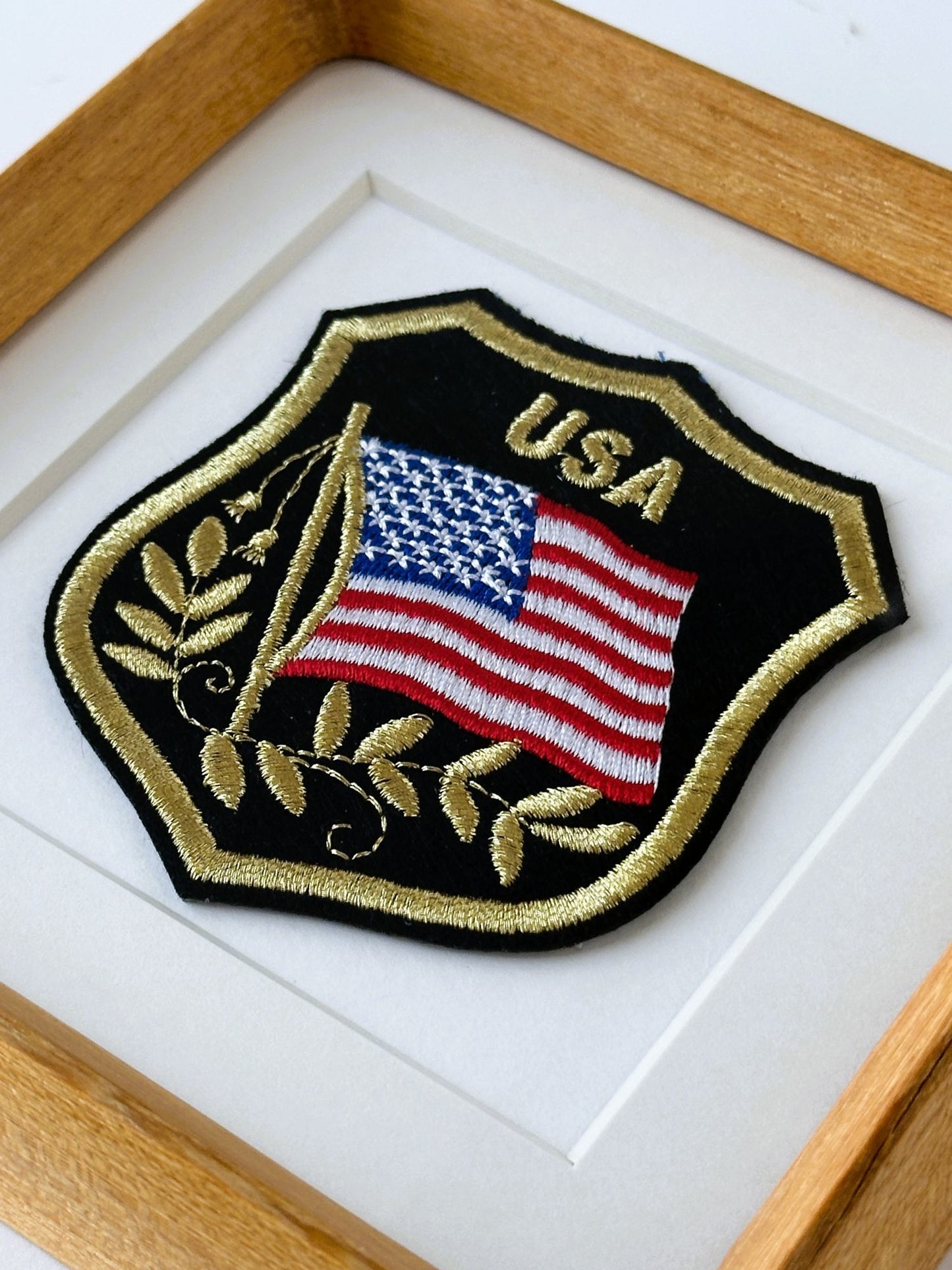 American Flag USA Gold Trimmed Banner Vintage Patch Wood Framed