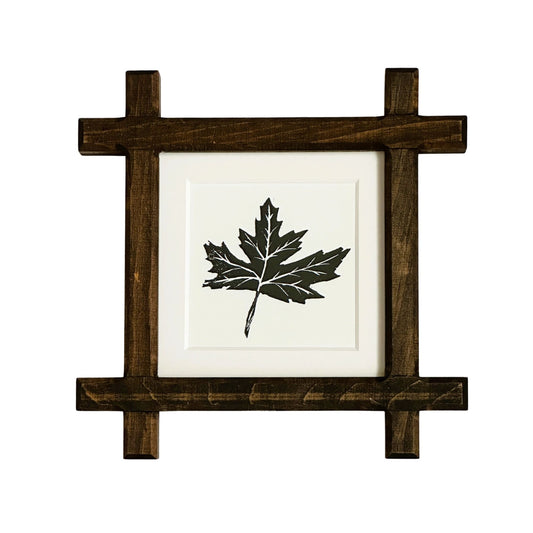 American Maple Leaf Original Hand Printed Block Print in VINTAGE ADIRONDACK Wood Frame