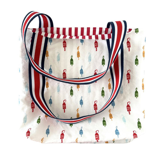 American Nautical Colorful Buoys Block Print Design Linen Tote Bag with Red, White, & Navy Blue Striped Straps