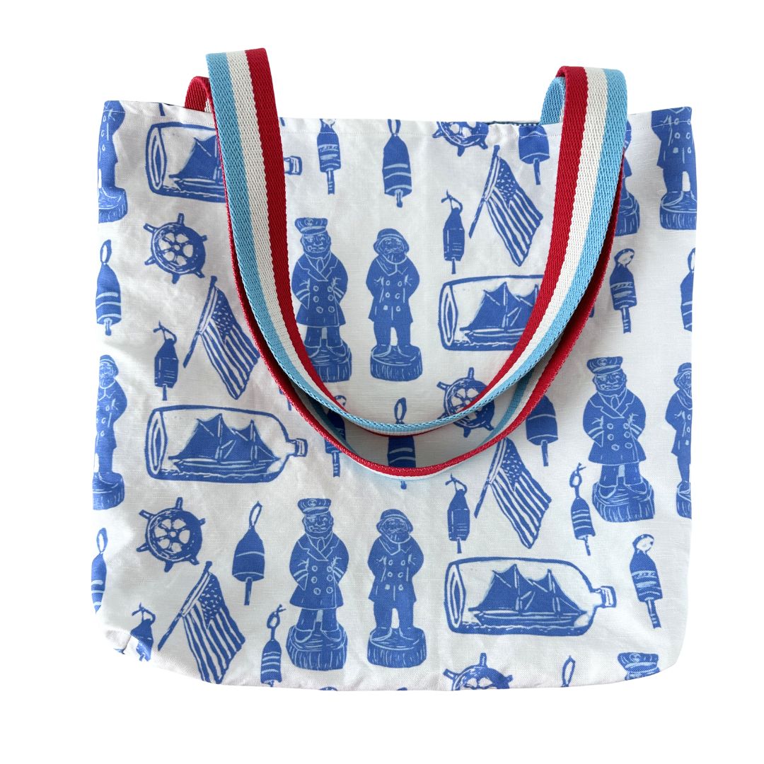 American Nautical Souvenirs Old Salt & Ship in a Bottle Block Print Design Linen Tote Bag with Americana Striped Straps