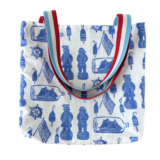 American Nautical Souvenirs Old Salt & Ship in a Bottle Block Print Design Linen Tote Bag with Americana Striped Straps