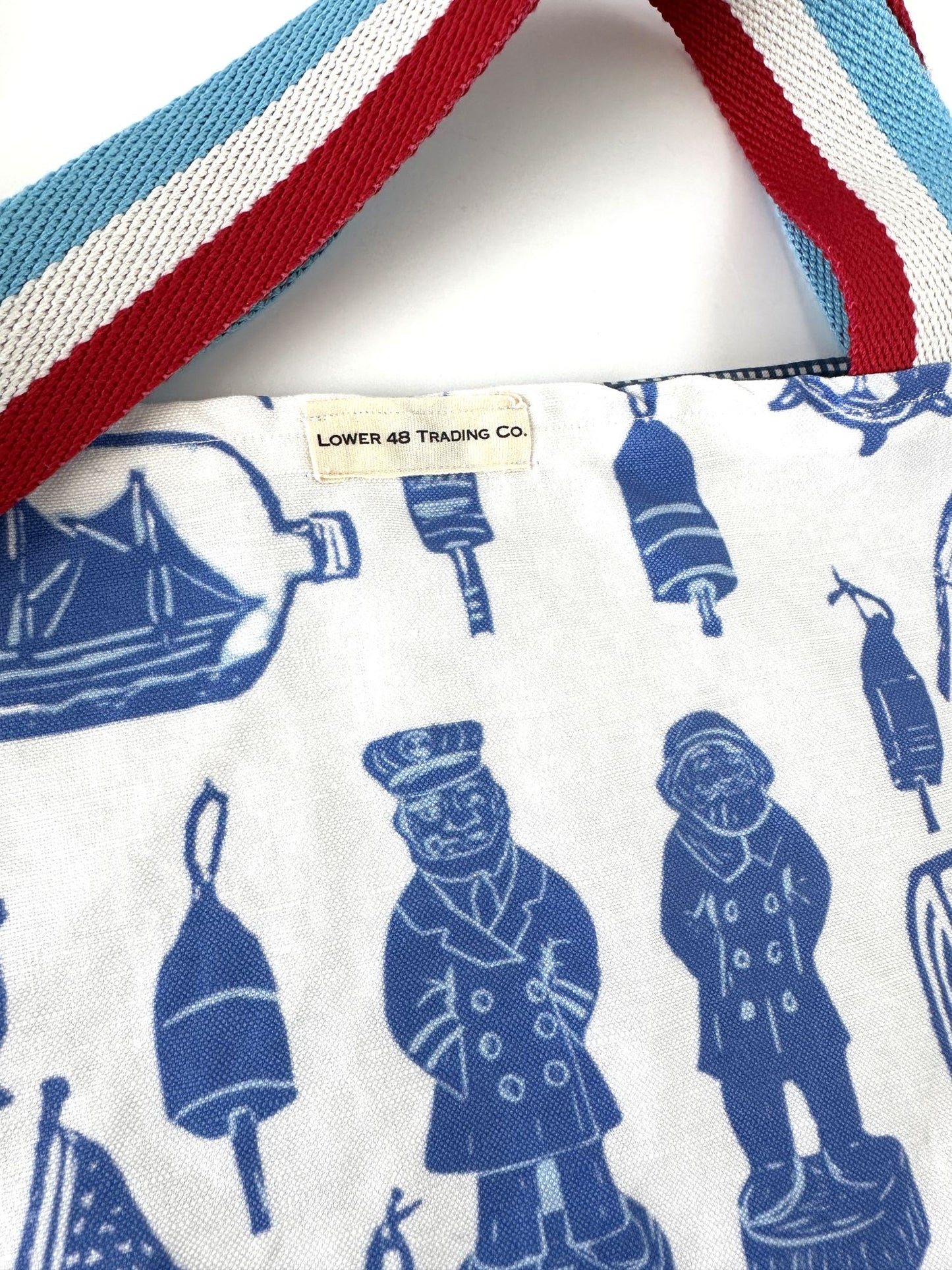 American Nautical Souvenirs Old Salt & Ship in a Bottle Block Print Design Linen Tote Bag with Americana Striped Straps