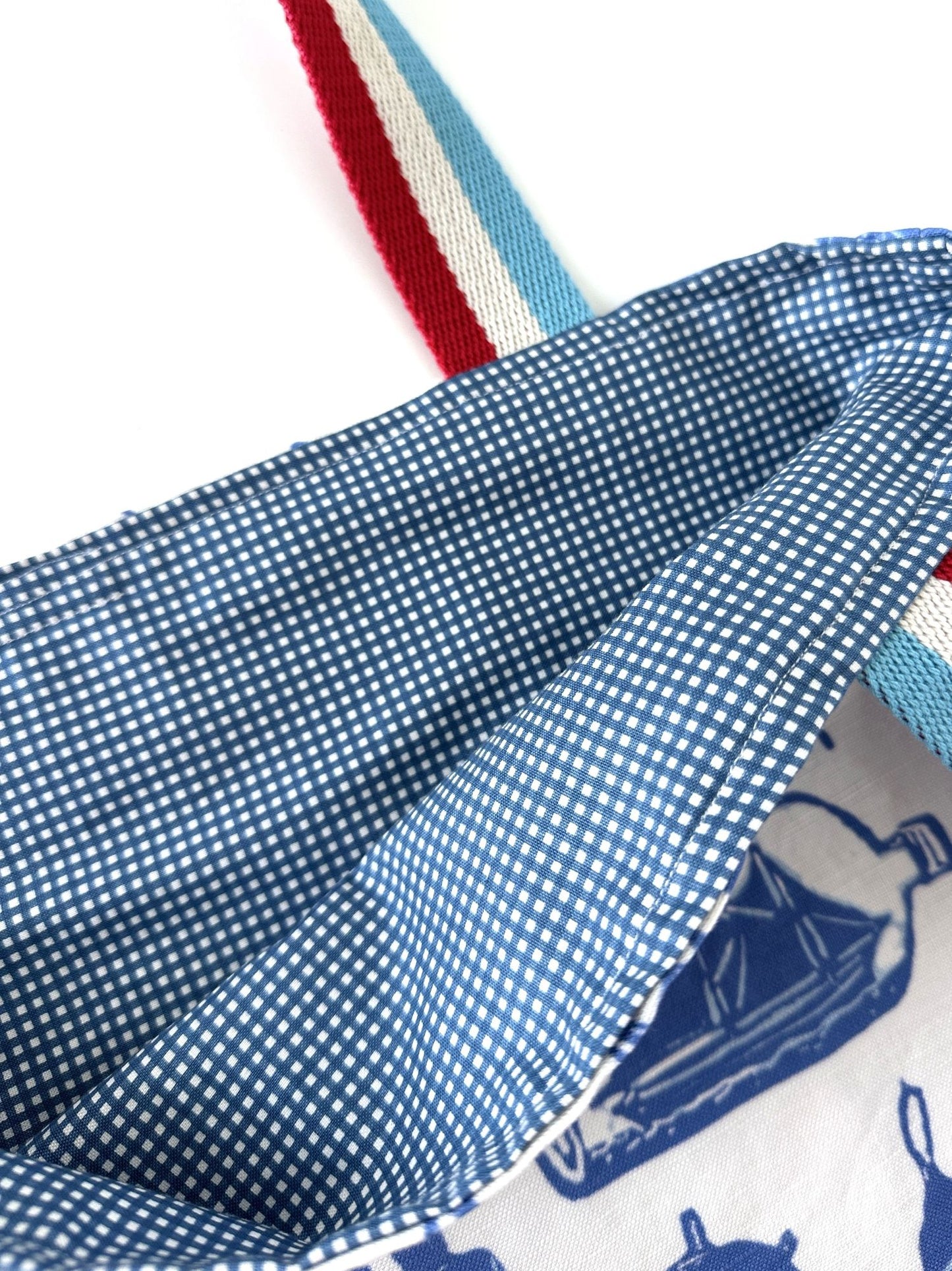 American Nautical Souvenirs Old Salt & Ship in a Bottle Block Print Design Linen Tote Bag with Americana Striped Straps