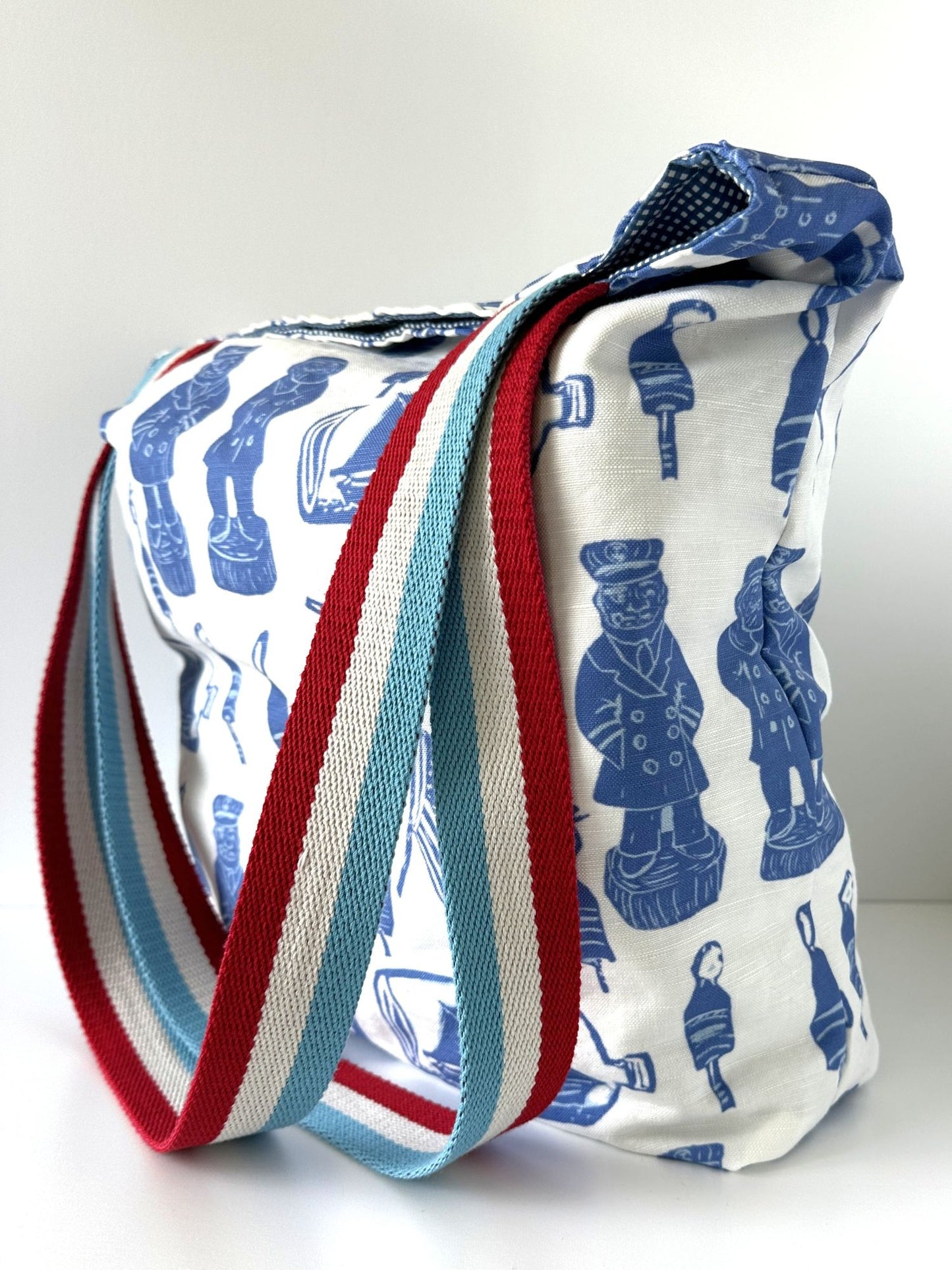 American Nautical Souvenirs Old Salt & Ship in a Bottle Block Print Design Linen Tote Bag with Americana Striped Straps