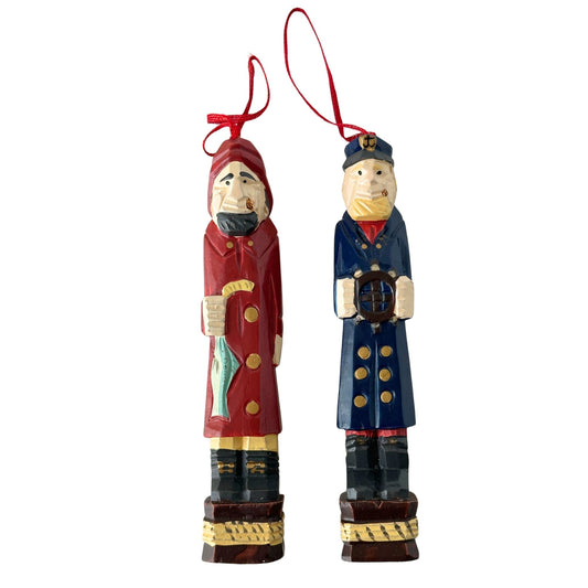 American Old Salt Vintage Wood Sea Captain and Fisherman Ornaments- Set of Two