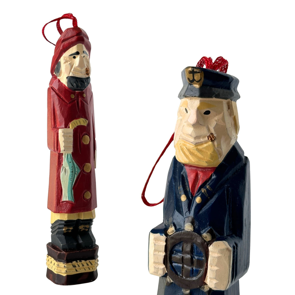 American Old Salt Vintage Wood Sea Captain and Fisherman Ornaments- Set of Two
