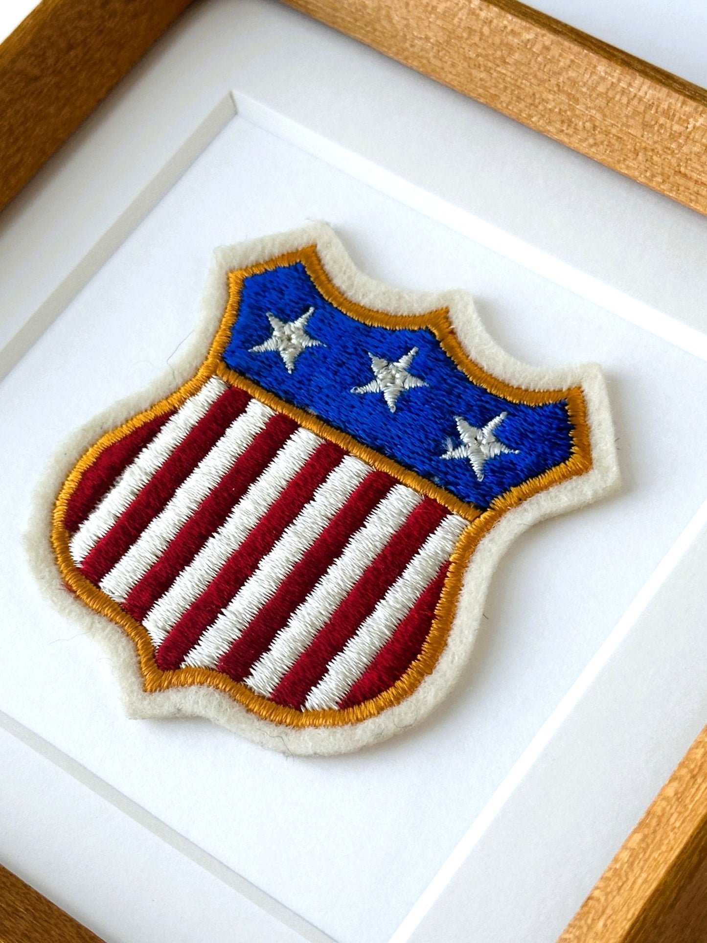 American Stars and Stripes Red White and Blue Banner Vintage Patch Wood Framed