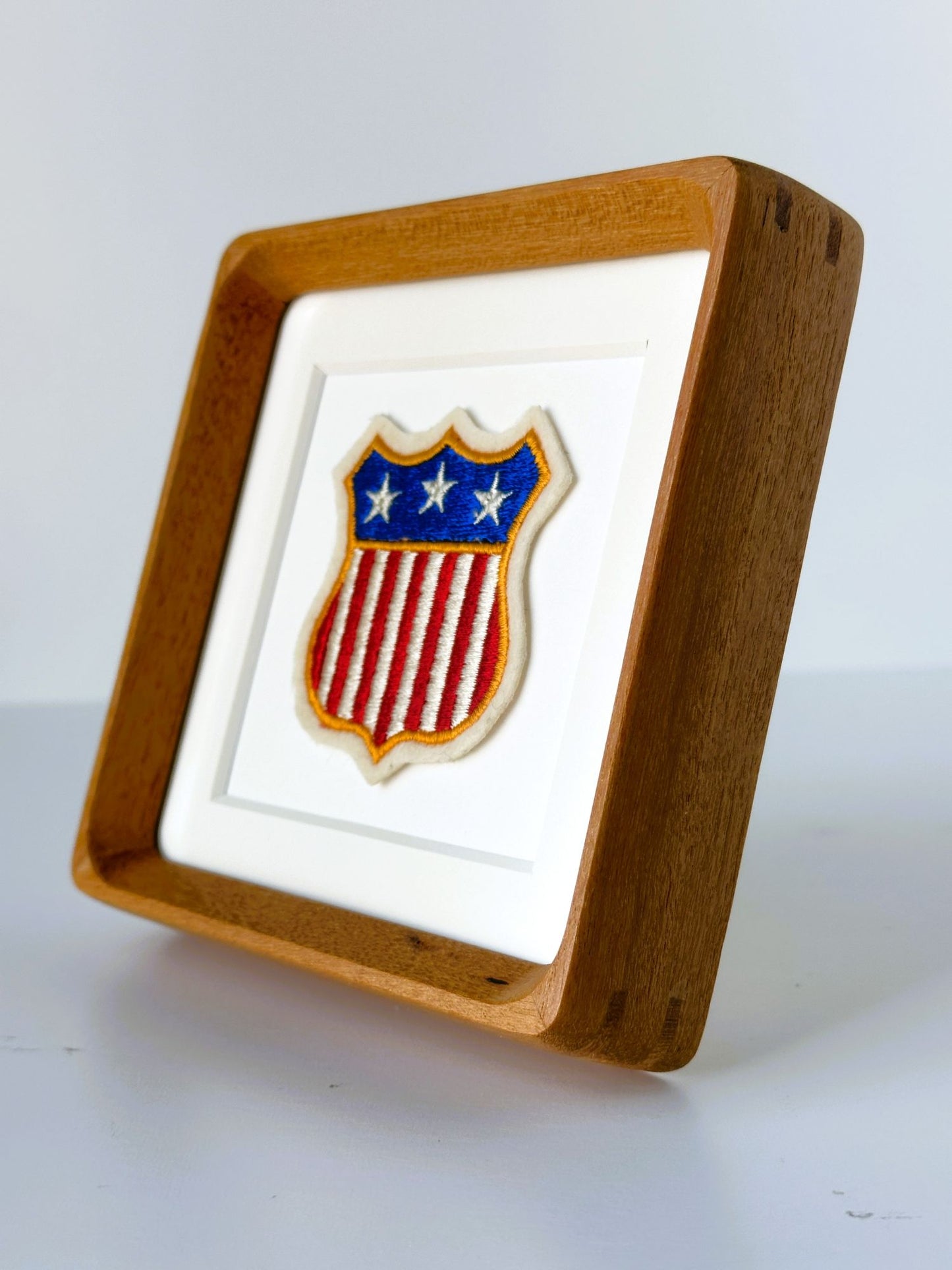 American Stars and Stripes Red White and Blue Banner Vintage Patch Wood Framed